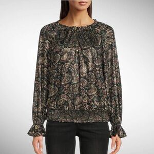 Democracy Petite Paisley Print Metallic Elasticized Blouse Long Sleeves